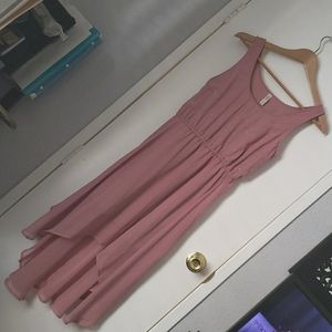 Rose pink flower chiffon studded sleeveless midi dress